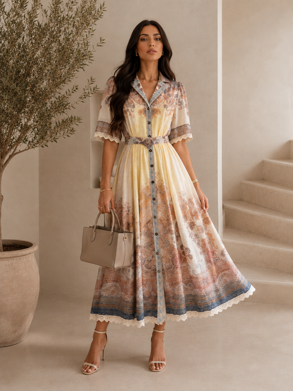 VESTIDO DELINEADO CON TIRA BORDADA