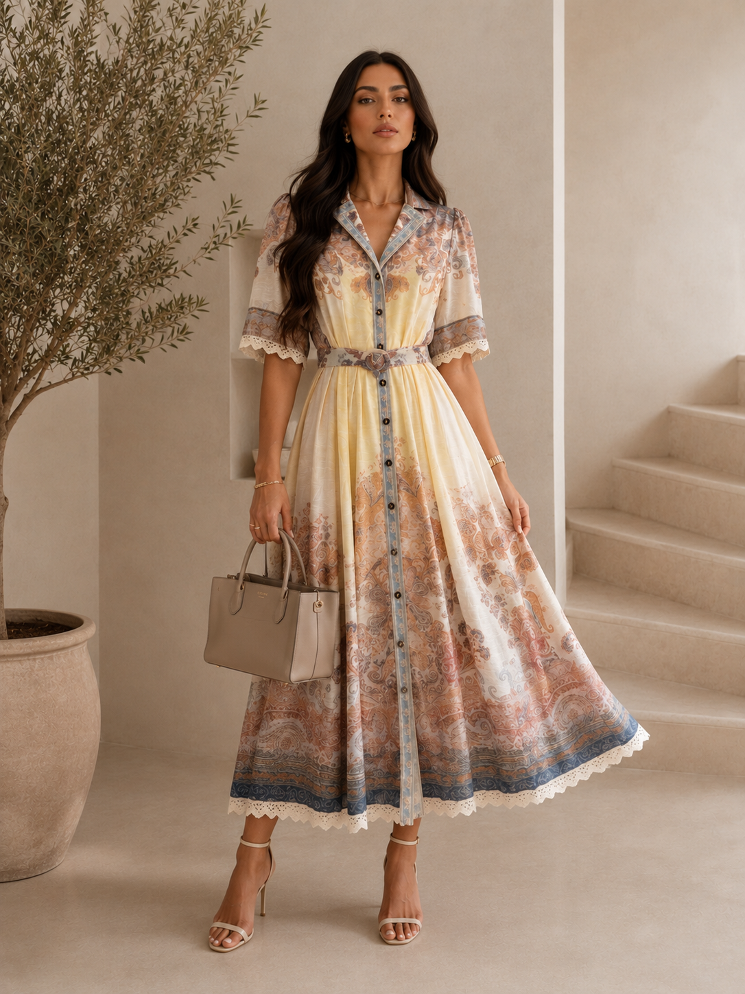 VESTIDO DELINEADO CON TIRA BORDADA